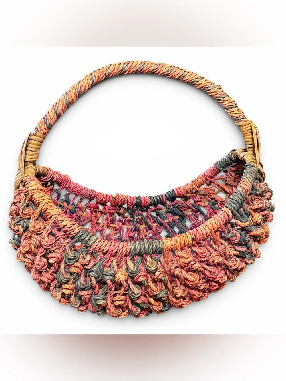 Large Colorful Woven Boho Boat Basket Pink Purple Teal and Tan  22” x 18” x 14”